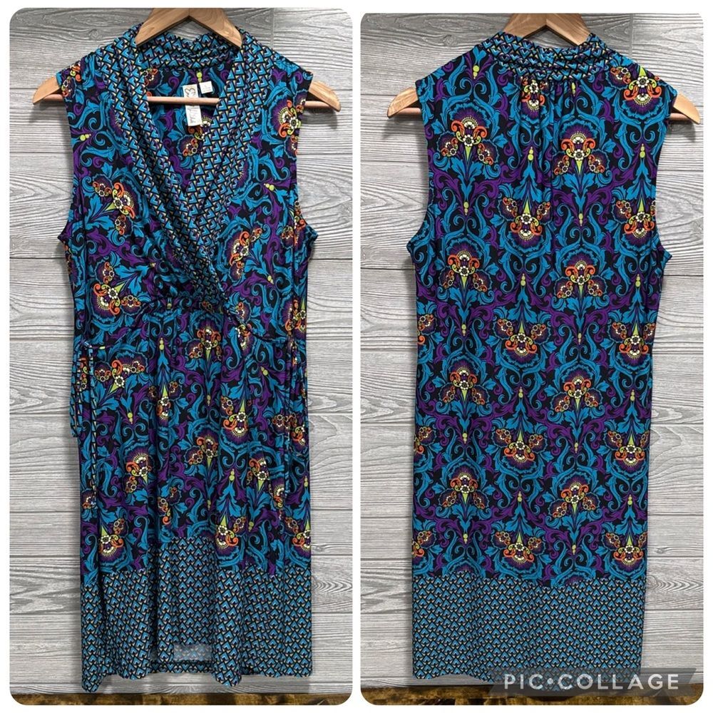 Emma Michele Psychedelic Paisley Faux Wrap Dress Size L Sleeveless Boho Eclectic